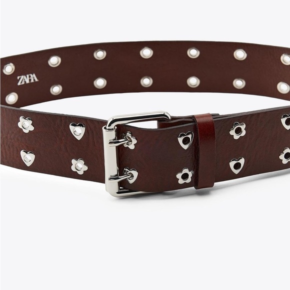 NWOT. Zara Brown Leather Heart and Flower Belt. Size 30. main image 4